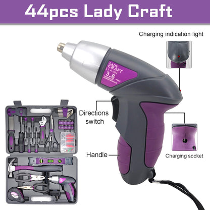 Werktough Pink Tool Kit 44PCS 4V Electric Screwdriver Ladies Tool Kit Set DIY Home Repair Set Toolbox Hand Tool Kit Storage Case Gift Set