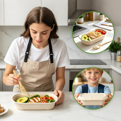 FEHHTO 50-Pack 30oz Disposable Meal Prep Containers with Lids, Sugarcane Pulp Compostable Food Containers + 50 Bamboo Forks, To-Go Food Containers, Microwave & Freezer Safe for Hot or Cold Foods