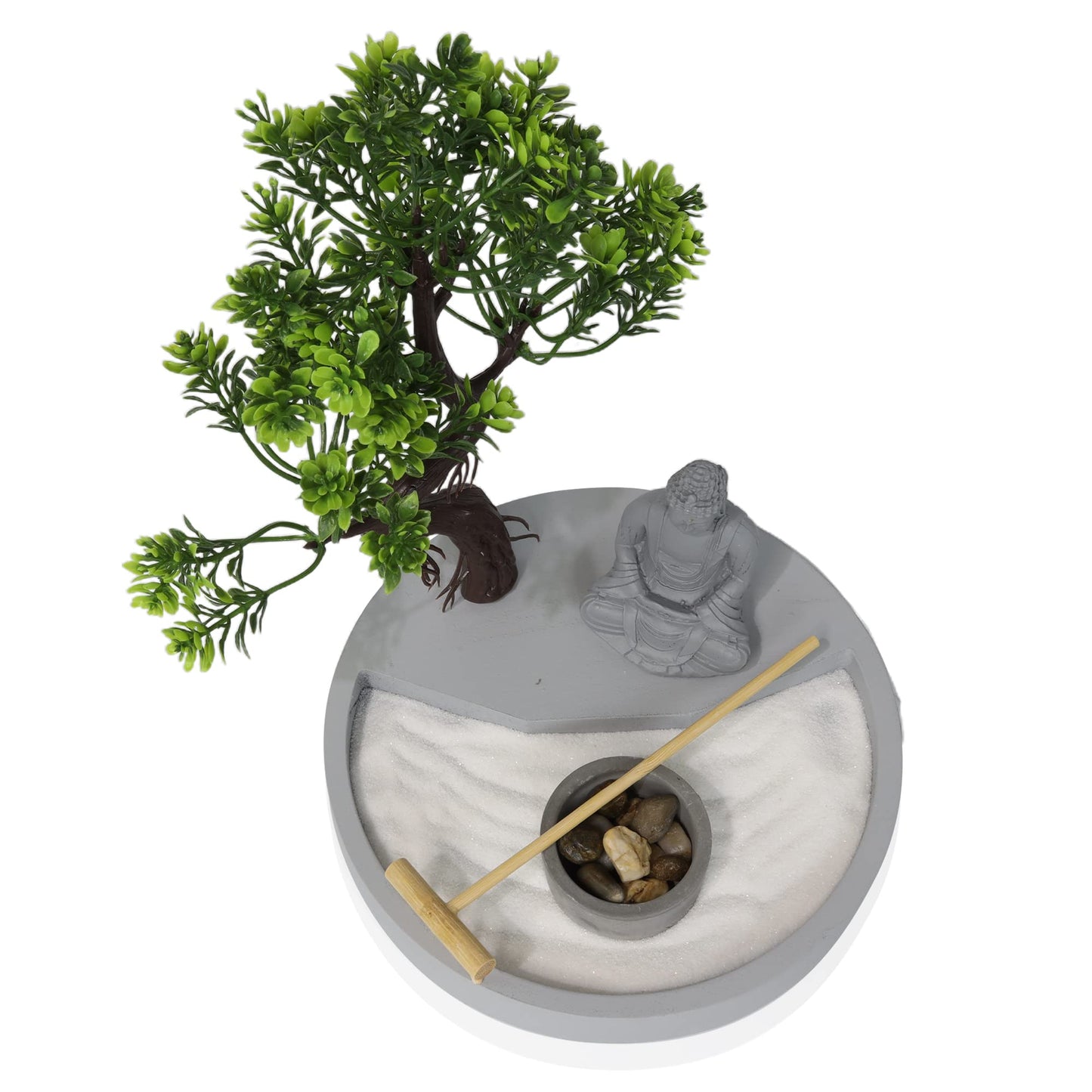 Round Shape, Zen Garden Tealight Candle Holder with a Mini Buddha Statue and a Bonsai Tree - A Perfect Japanese Art for Relaxation and Meditation - Free Your Mind with Our Mini Zen Garden Decor, Gray