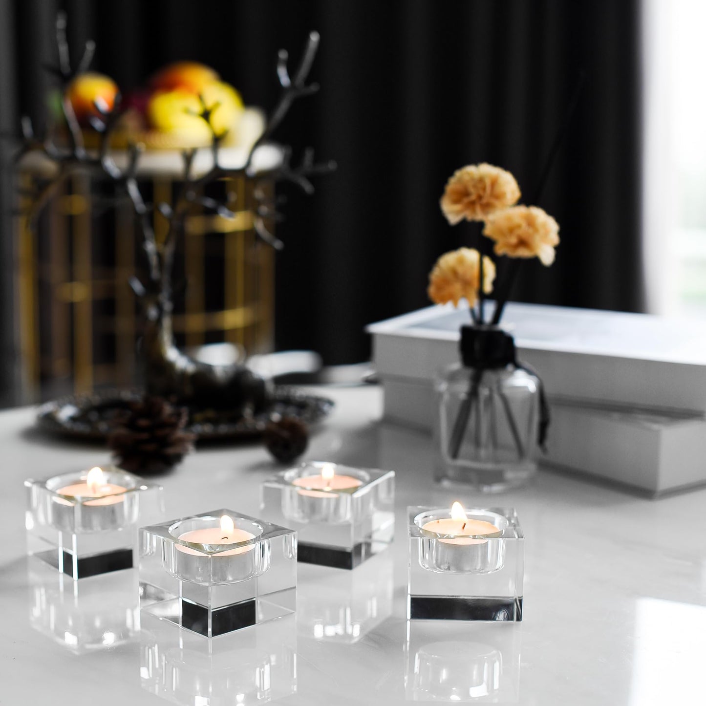 DONOUCLS Home Crystal Tealight Candle Holders Pack of 4, 1.5 Inches Height, Heavy Solid Square Hand Cut Tealight Holders Sets, Centerpiece for Home Decor(Clear)