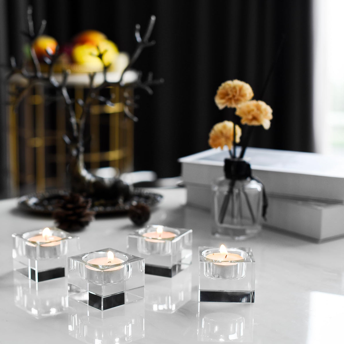 DONOUCLS Home Crystal Tealight Candle Holders Pack of 4, 1.5 Inches Height, Heavy Solid Square Hand Cut Tealight Holders Sets, Centerpiece for Home Decor(Clear)