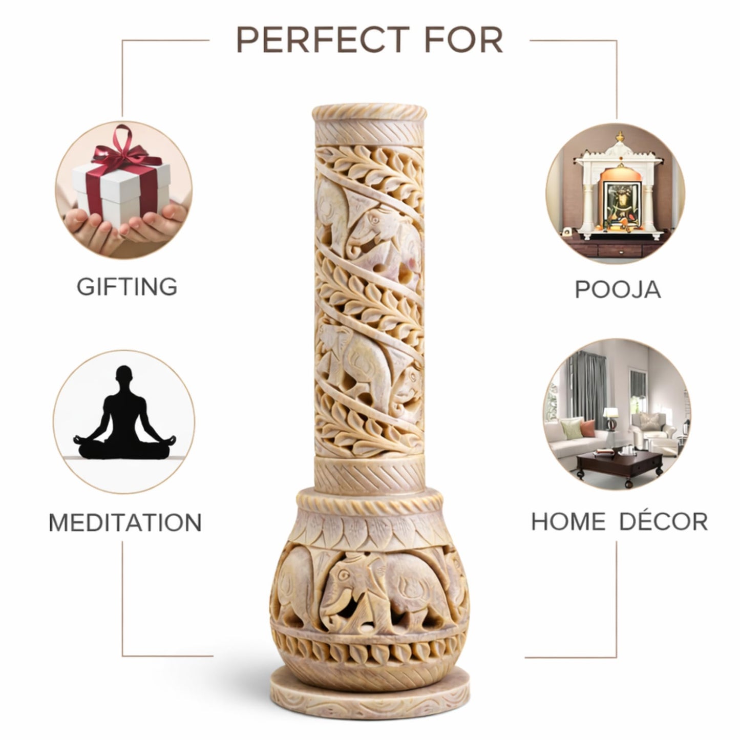 Carry Me Hand Carved Soapstone Incense Stick Holder | Candle Burner | Tea Light Stand. Elephant Jaali Carving Bottle Shape. Decorative Home and Kitchen Decor - (3x3x10.5 Inches)