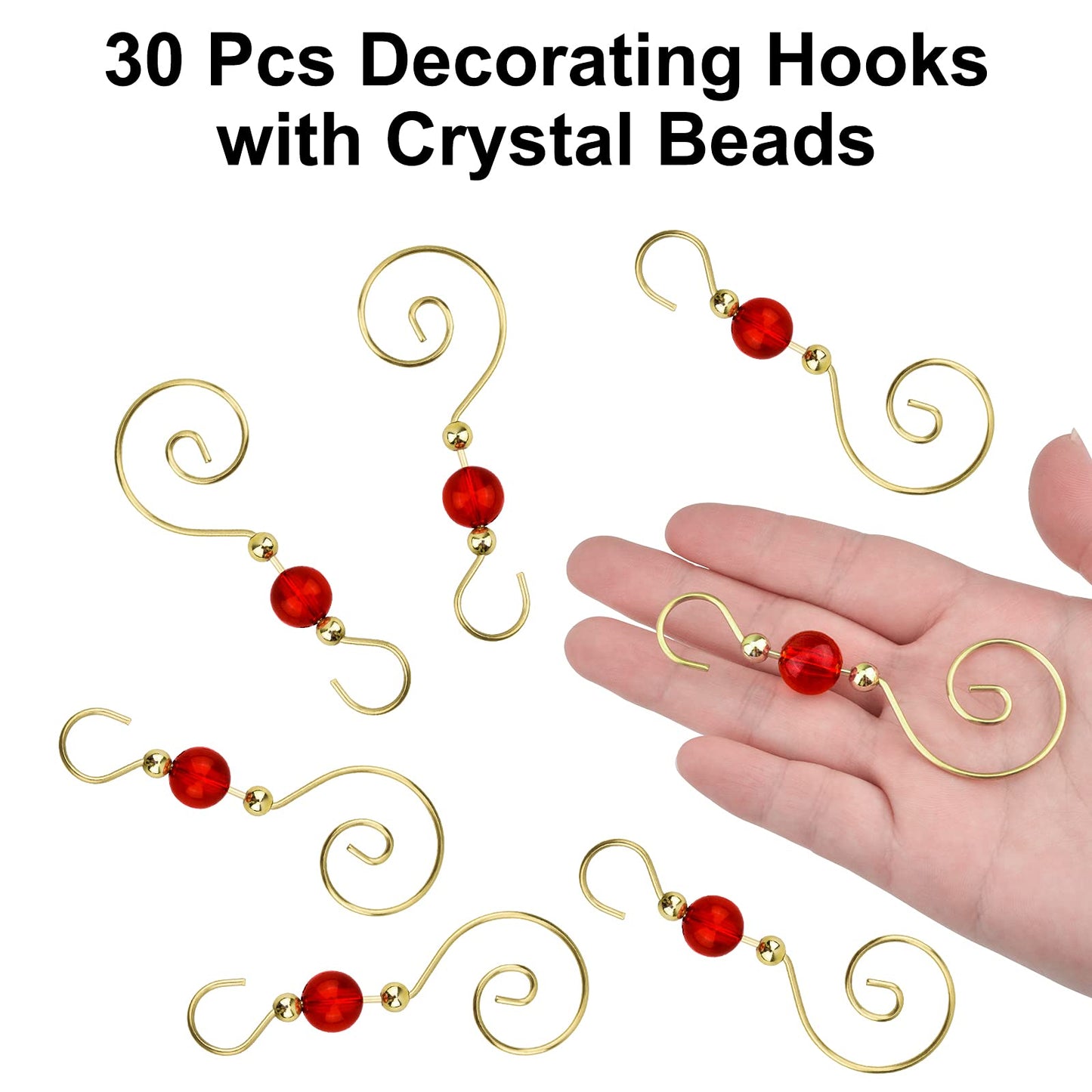 INCREWAY Wire Ornament Hooks, 30 Pcs Gold S-Shaped Christmas Tree Hanger Hooks Metal Decoration Hooks with Red Round Crystal Beads for Party, Home Decor (Gold Hook & Red Bead)
