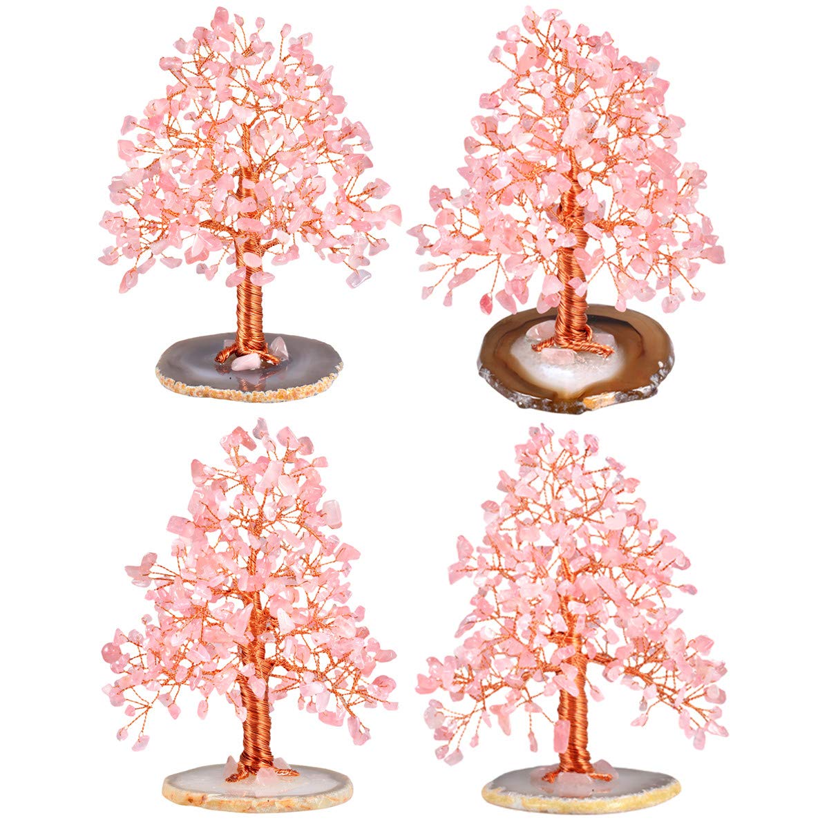 mookaitedecor Natural Rose Quartz Crystal Tree with Agate Slice Geode Base Money Tree Desk Home Decoration for Wealth and Luck 5"-6"