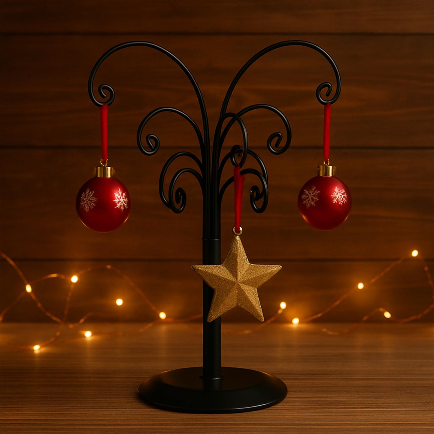 Ornament Tree Display Stand Wire Tree – 10.6 Inch Black Rotating Wrought Iron Tabletop Holder with Multiple Hooks for Hanging Glass Ornaments, Balls, Jewelry, and Small Craft Items – Decorative Rack