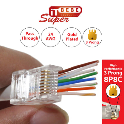 ITBEBE 100 Pieces RJ45 Cat6 Pass Through Connectors - Gold Plated Transparent Passthrough Ethernet Insert Crimp Connector UTP Network Plug for 24 AWG Cables – Works for Both Solid and Stranded Cables