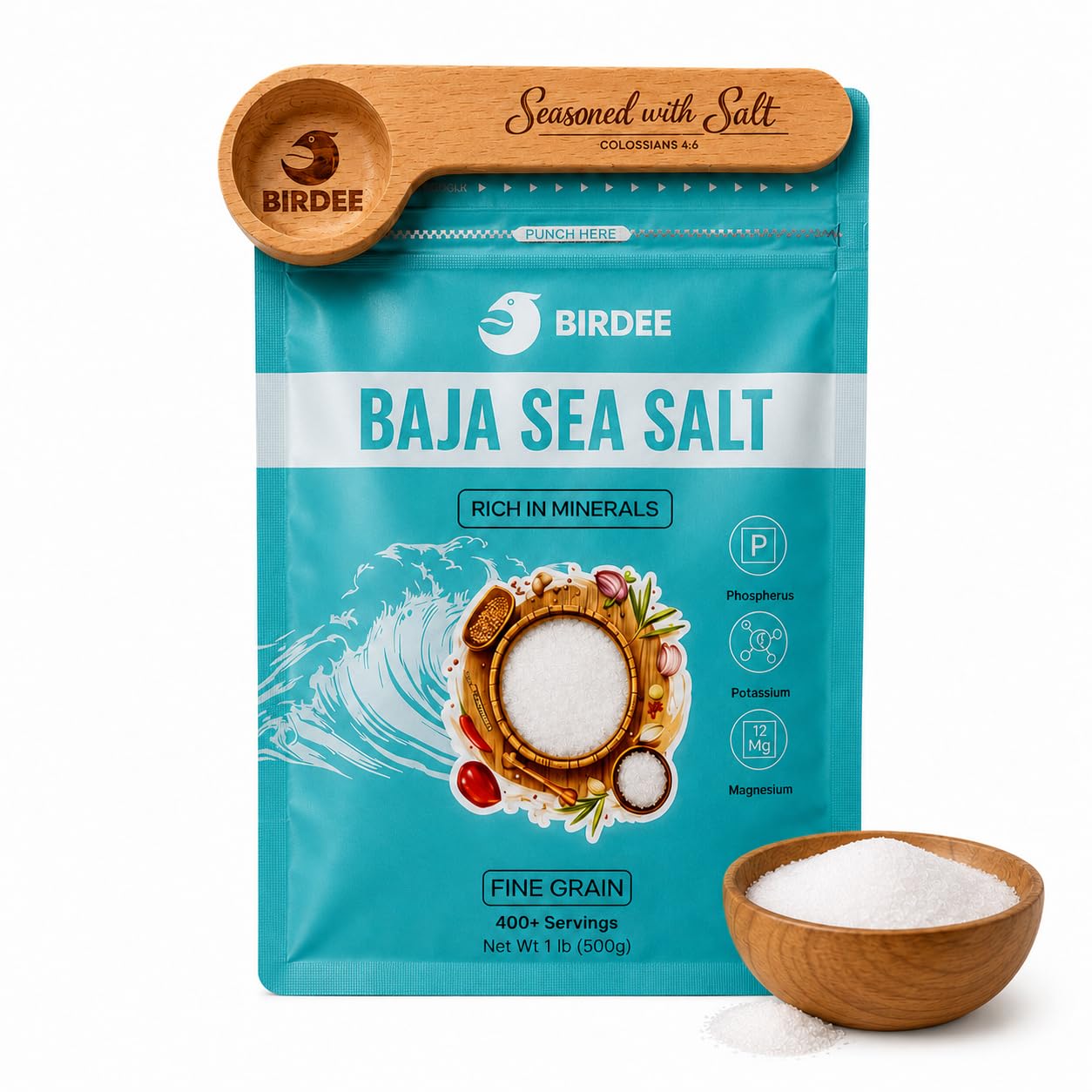 Birdee Salt Gift Set, Solar-Dried Mineral Rich Fine Grain Sea Salt from Vietnam, 17.6 oz (500g) Pouch with Engraved Hardwood Spoon Bag Sealer Clip, Seasoned with Salt Colossians 4:6