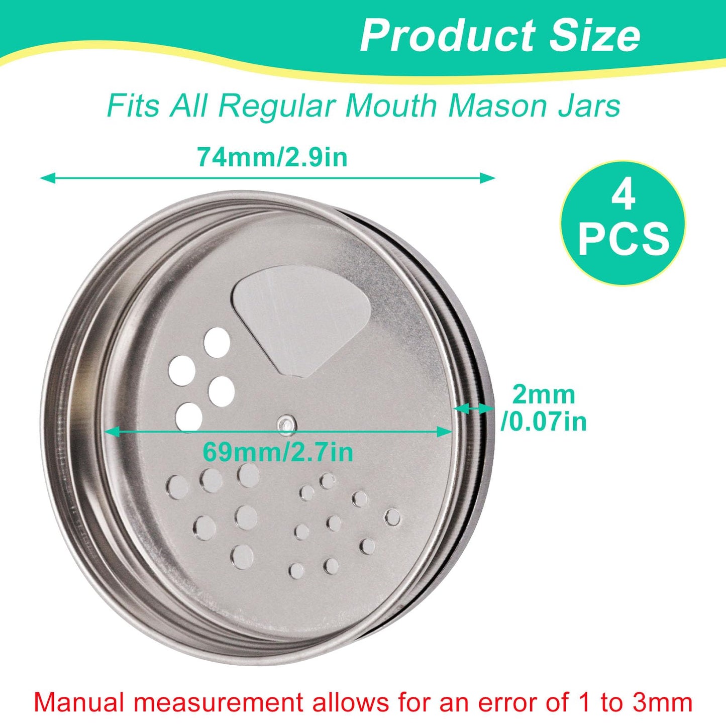 BENLIUDH Adjustable Mason Jar Spice Shaker Lids for Regular Mouth, 4 Pack Stainless Steel Seasoning Dispenser Lids with Shaker and Pour Options for Salt Sugar Seasoning Flour