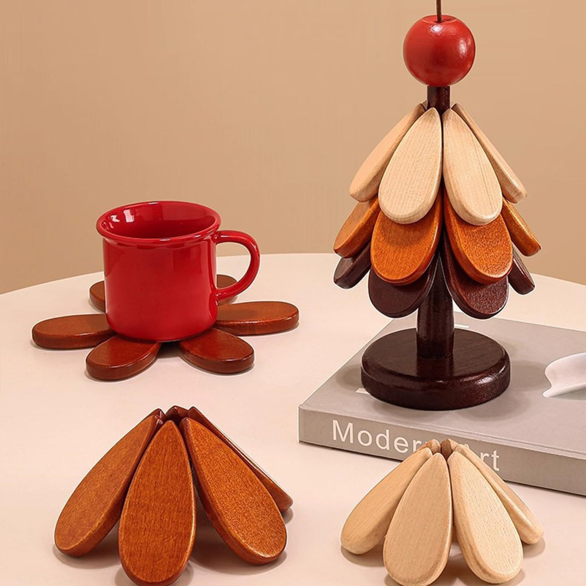 4 Pcs Wooden Trivets for Hot Dishes with Storage Stored, 7.8" Foldable Christmas Tree Shaped Trivets Set, Heat Resistant Hot Pads for Hot Pots Bowl Teapot, Kitchen Decor for Quartz Counter (Apple)