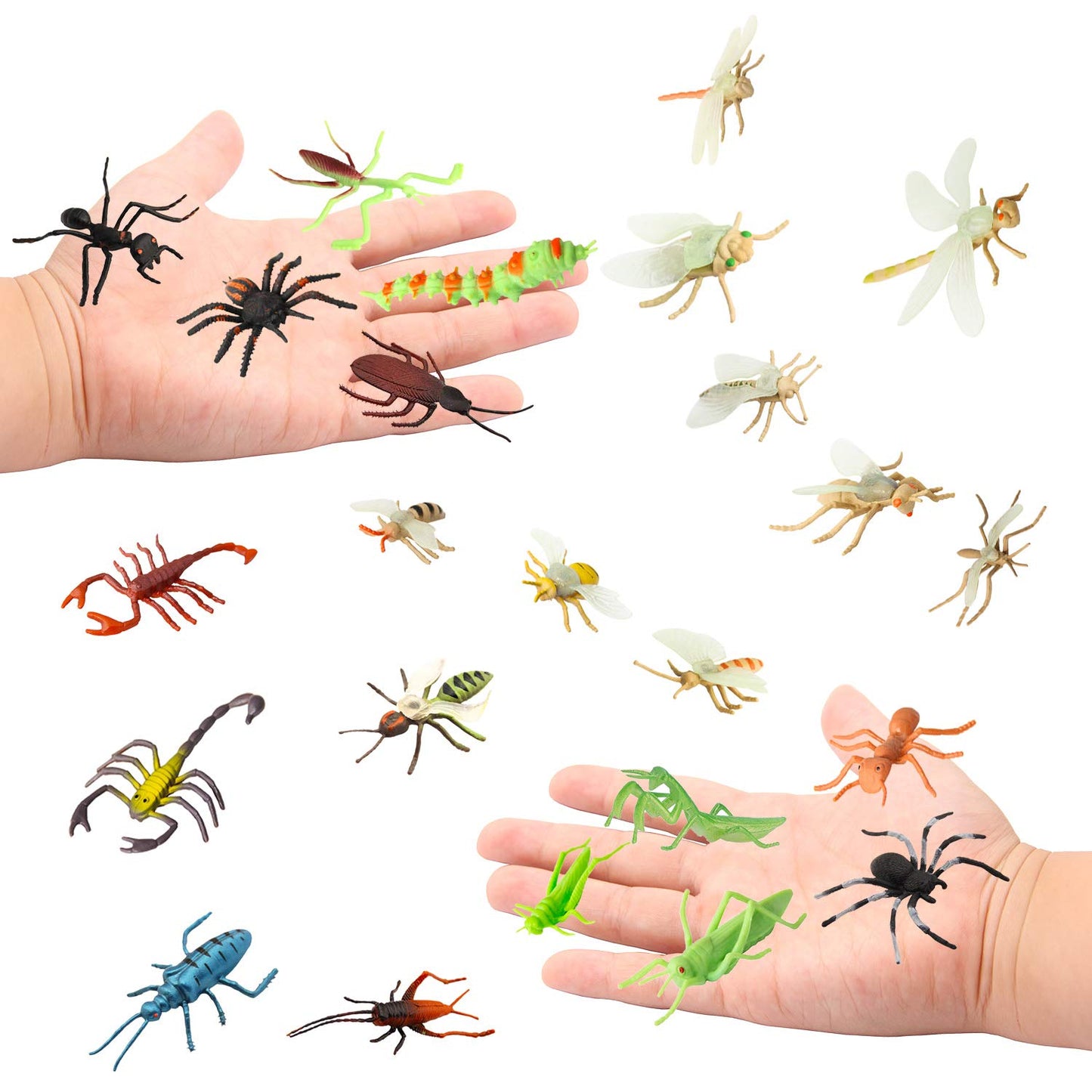 PINOWU Insect Toy Figures for Kids - 24pcs, 2-4' Fake Bugs - Spiders, Cockroaches, Scorpions, Crickets, Lady Bugs, Mantis & Worms for Education & Party Favors