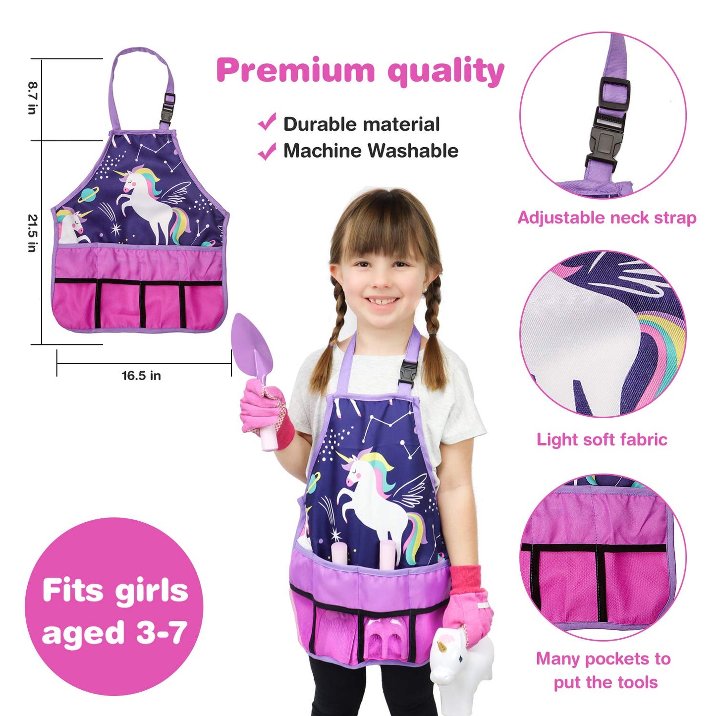 Cheerful Children Toys Kids Gardening Set – Gardening Tools for Kids with Watering Can, Shovels, Rake, Gloves & Apron – Planting Outdoor Activity for Ages 3-7, Unicorn Themed Gardening Set for Girls