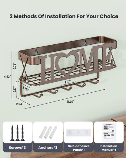 OHOBABY Key Holder Wall Mount - Adhesive Key Holder with 5 Hooks, Key Rack and Mail Organizer, Metal Basket Key Hanger for Entryway, Home, Living Room Decor, 11" L×2.8" W×4.9''H(Bronze)