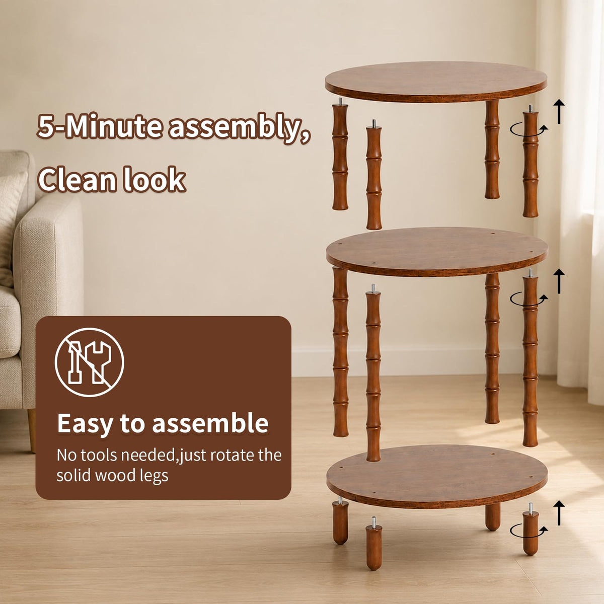 Orvado Side Table, 3-Tier Oval Accent Small End Table, Modern Oval Nightstand Accent Table for Small Space, Bedrooms, Living Room, Easy to Assemble, Rustic Brown