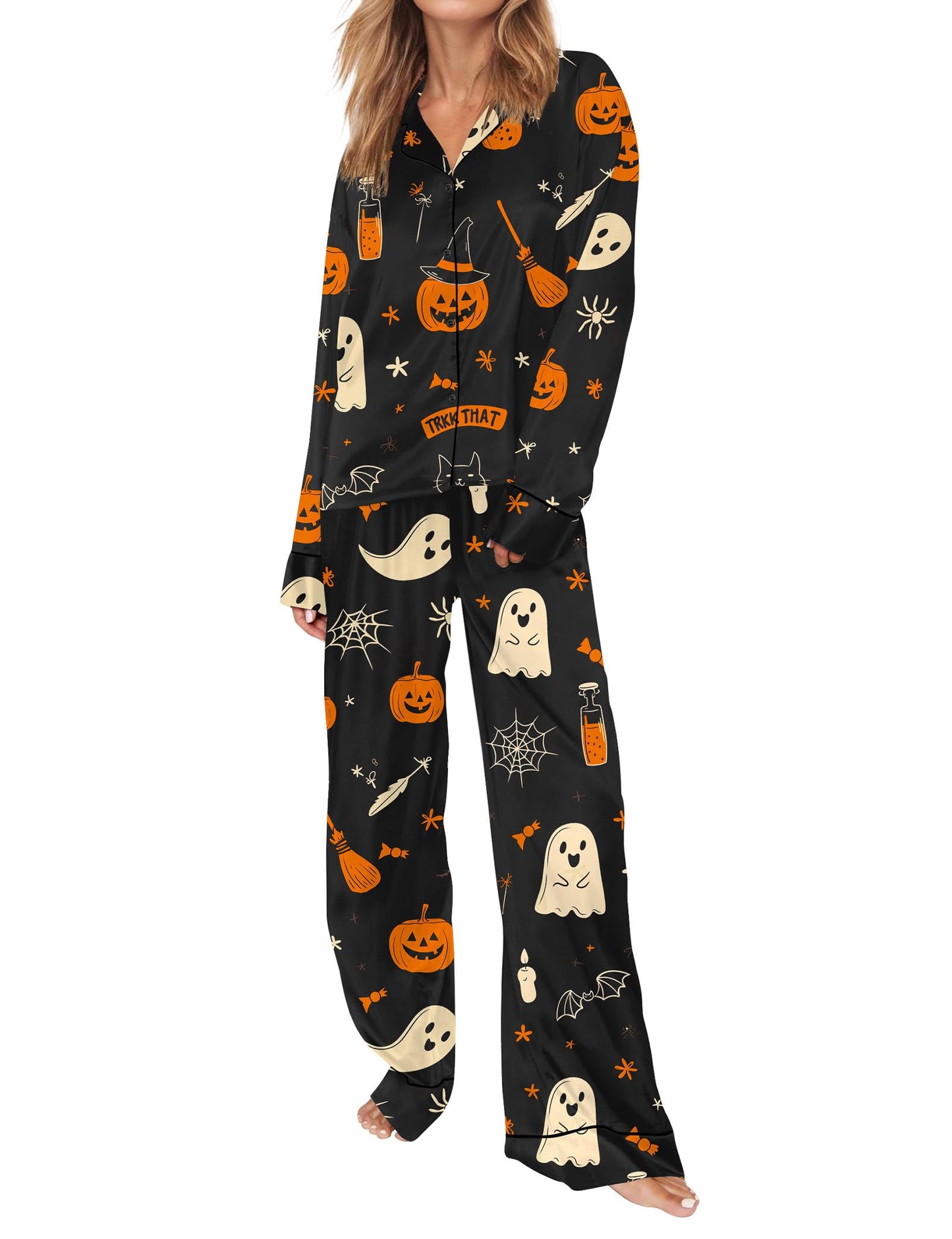 SHESHOW Funny Halloween Pajamas Women Satin Pajama Long Sleeve 2 Piece Sets Cute Halloween Pjs Women Black M