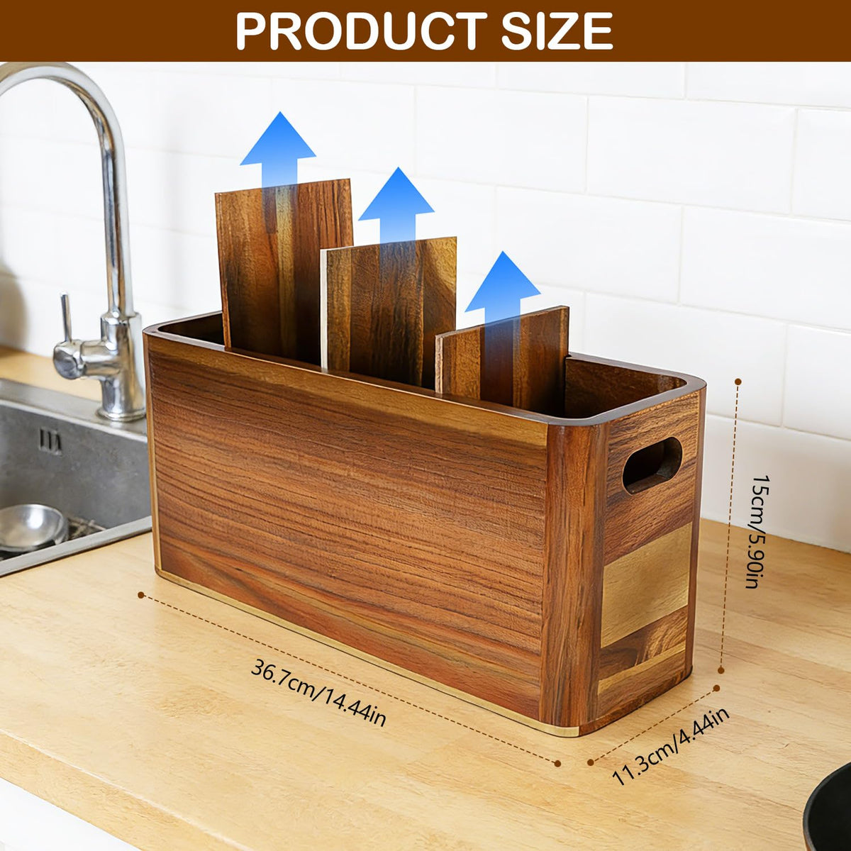 VLXXOI Large 4-Compartment Acacia Wooden Utensil Holder, Rustic Kitchen Counter Organizer, Extra Large Wood Storage Container for Cooking Utensils and Silverware