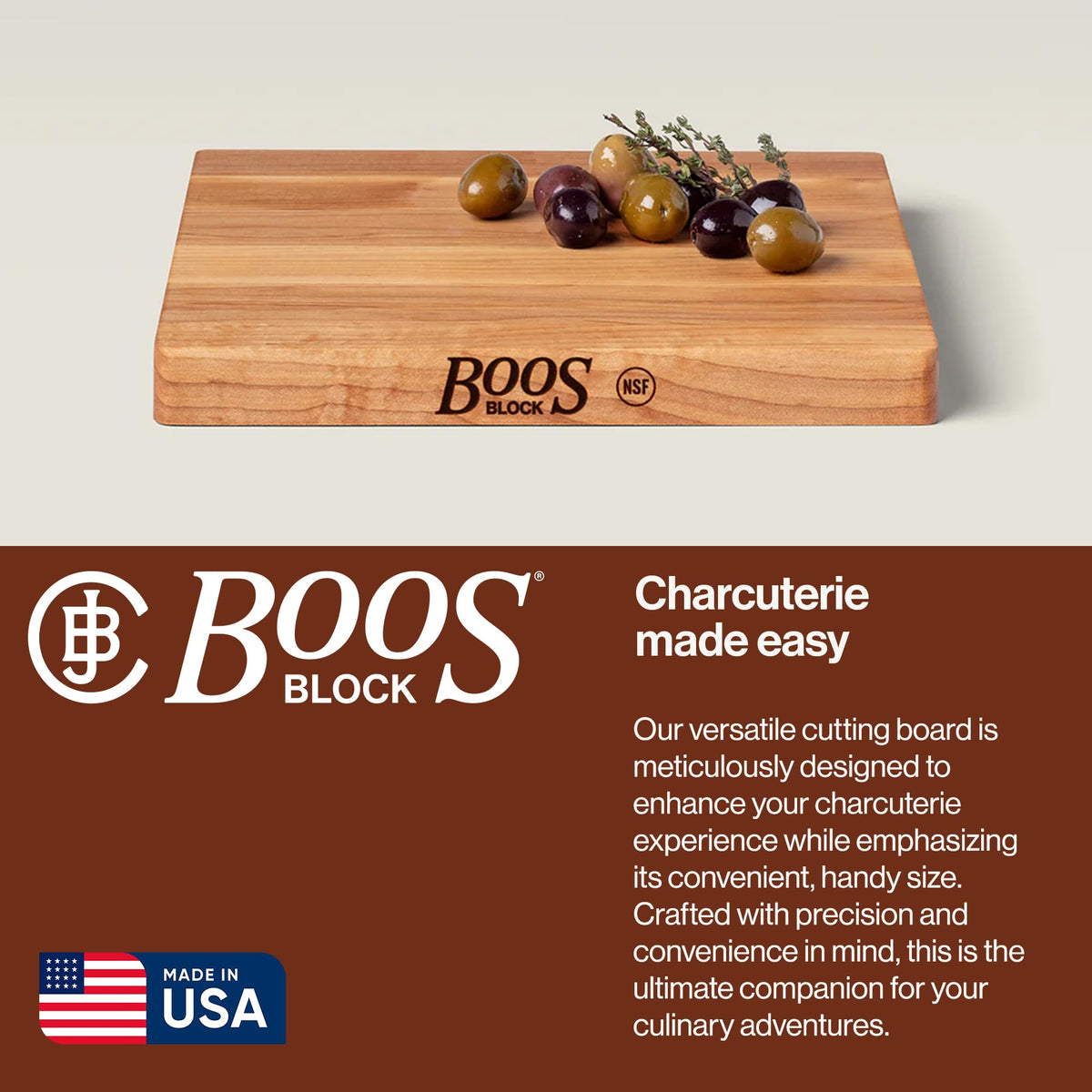 John Boos Chop-N-Slice Series Square Wooden Maple Cutting Board 10”x10” – 1” Thick, 4-lb Reversible Butcher Block with Eased Corners & Edge-Grain – Made in the USA
