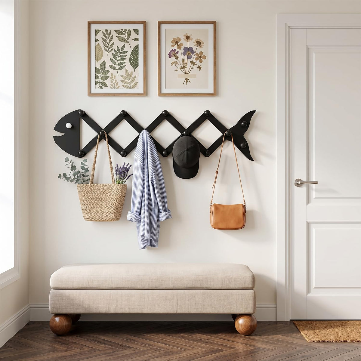 Sonarvelife Accordion Wall Hanger with 15 Pegs, Wooden Expandable Hat Rack for Wall, 2-in-1 Fish Shape Decorative Wall Mount Coat Rack for Entryway, Hallway & Mudroom