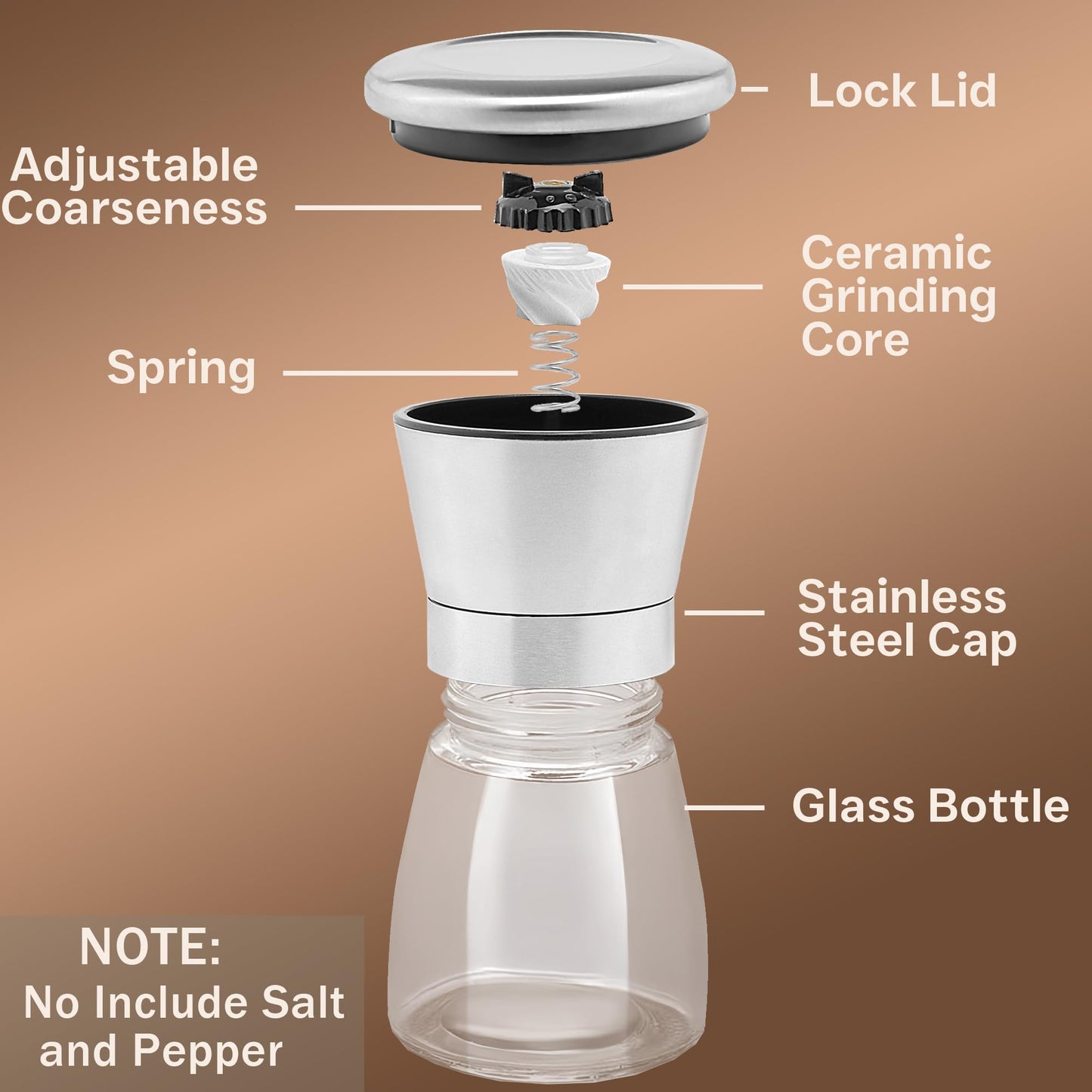 Premium Stainless Steel Salt and Pepper Grinder Set of 4 - Adjustable Ceramic Sea Salt Grinder & Pepper Grinder - Glass Salt and Pepper Shakers - Pepper Mill & Salt Mill W/Funnel