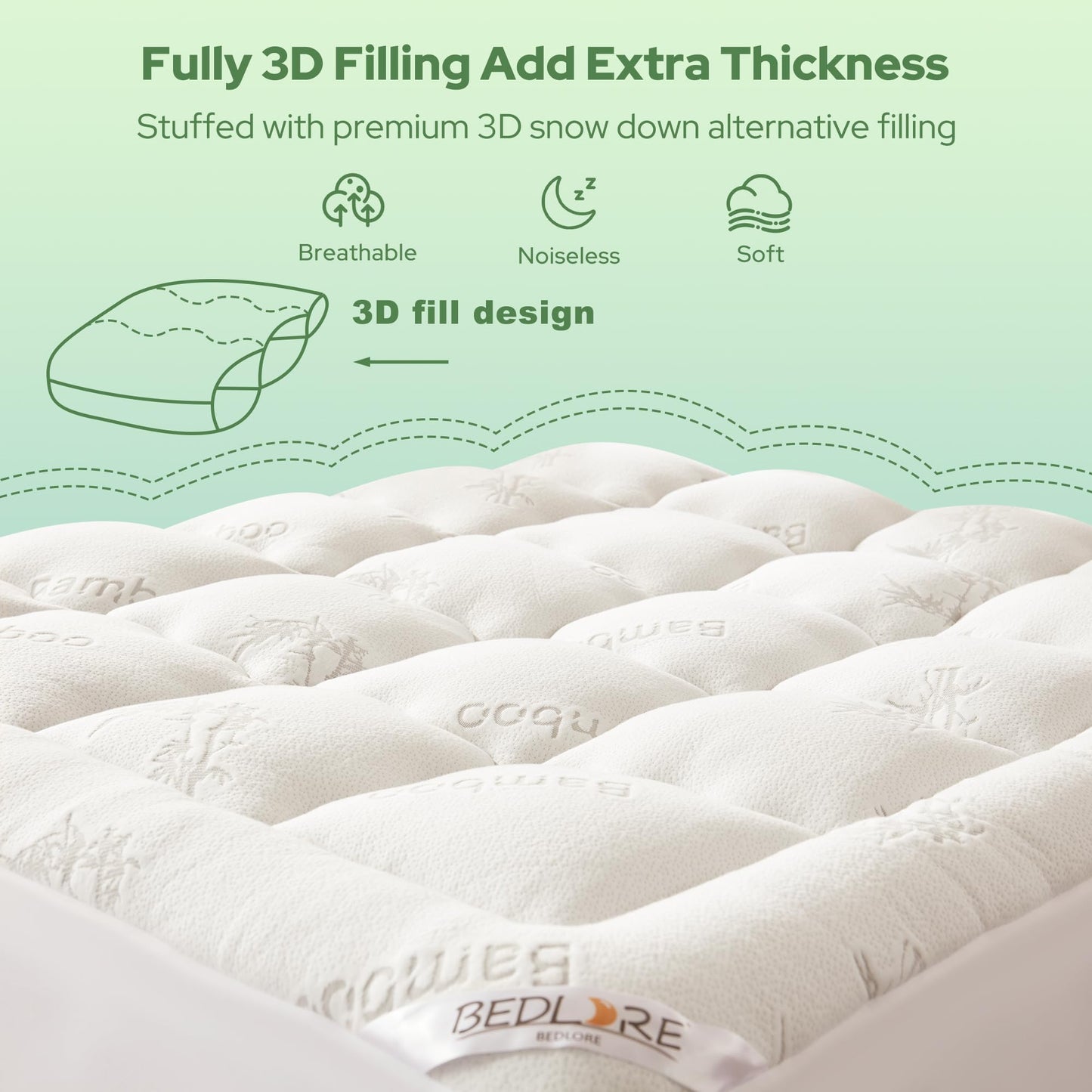 BEDLORE King Mattress Topper Viscose Derived from Bamboo, Thick Pillow Top Mattress Pad with Stretchable Pockets for 6-18 inches Mattress, Soft Breathable Mattress Topper for Back Pain Relief