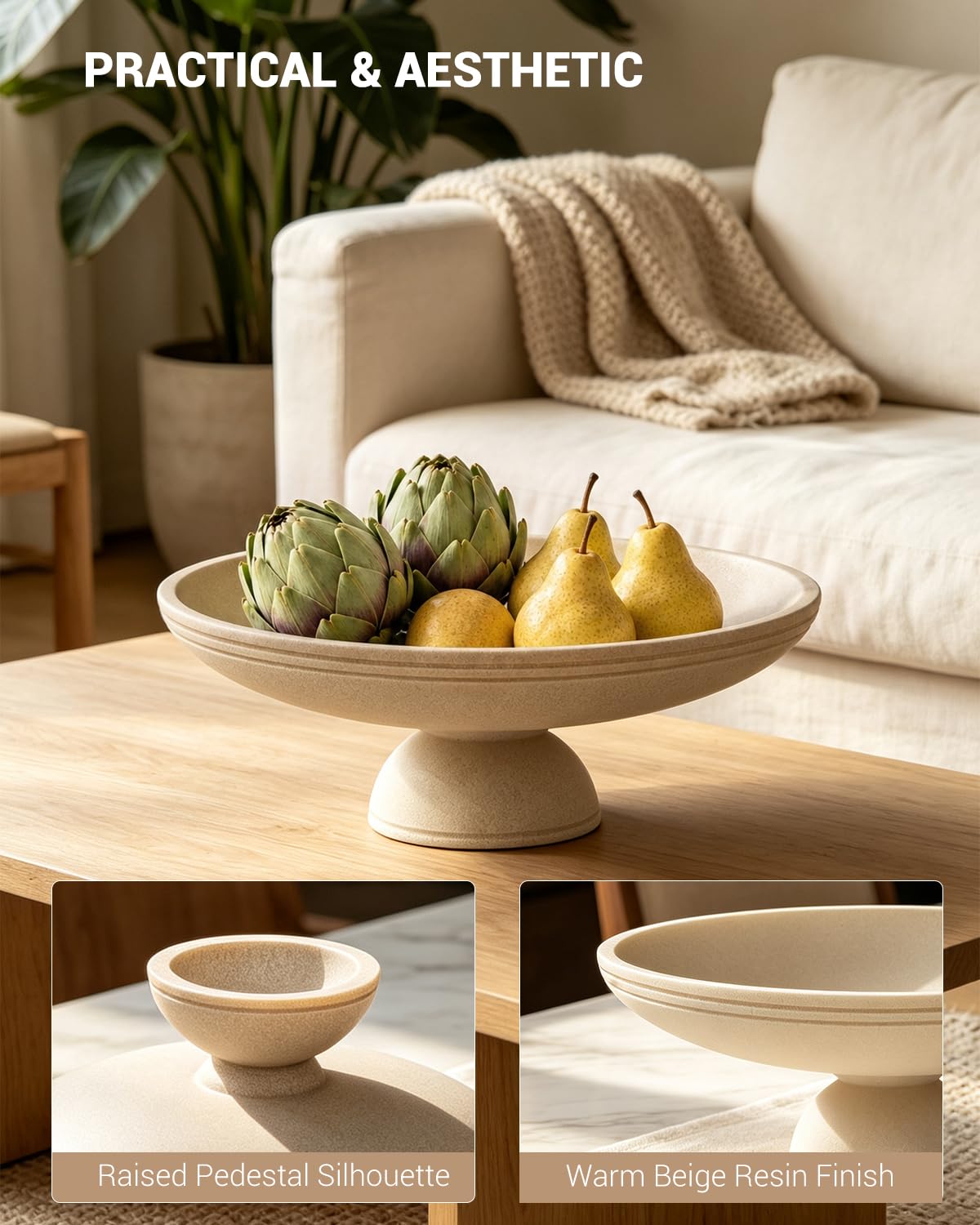 Coiesol Large Decorative Bowl, Handcrafted Beige Resin Pedestal Centerpiece, Fruit Bowl for Kitchen Counter, Durable Catch-All Dish and Entryway Key Holder, Modern Home Decor, 11.7 in
