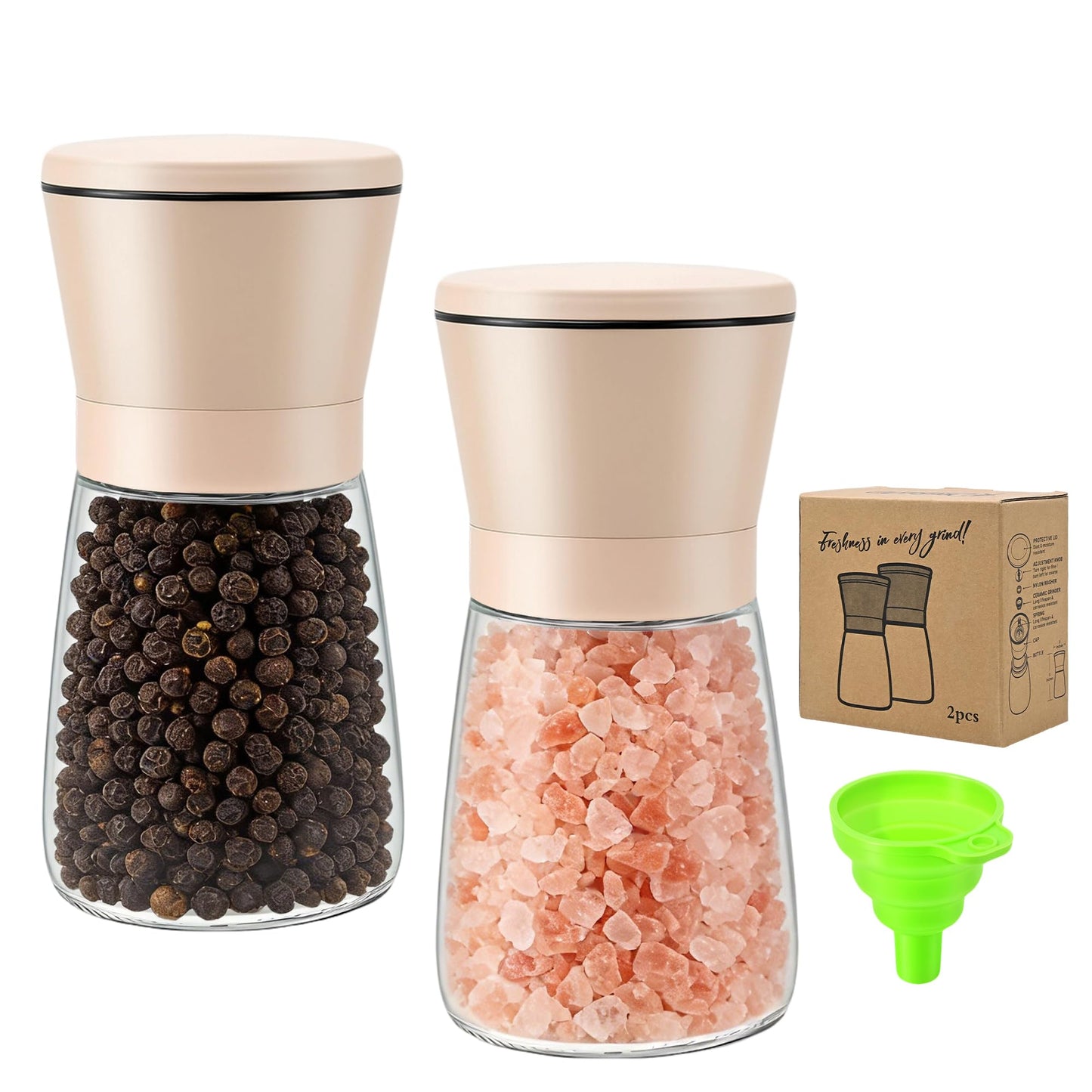 R DRURLCD 2PK Beige Salt and Pepper Grinder Set, Short Glass Shakers with Stainless Steel & Glass Mills, Adjustable Coarseness for Kitchen, Dining & BBQ W/Funnel