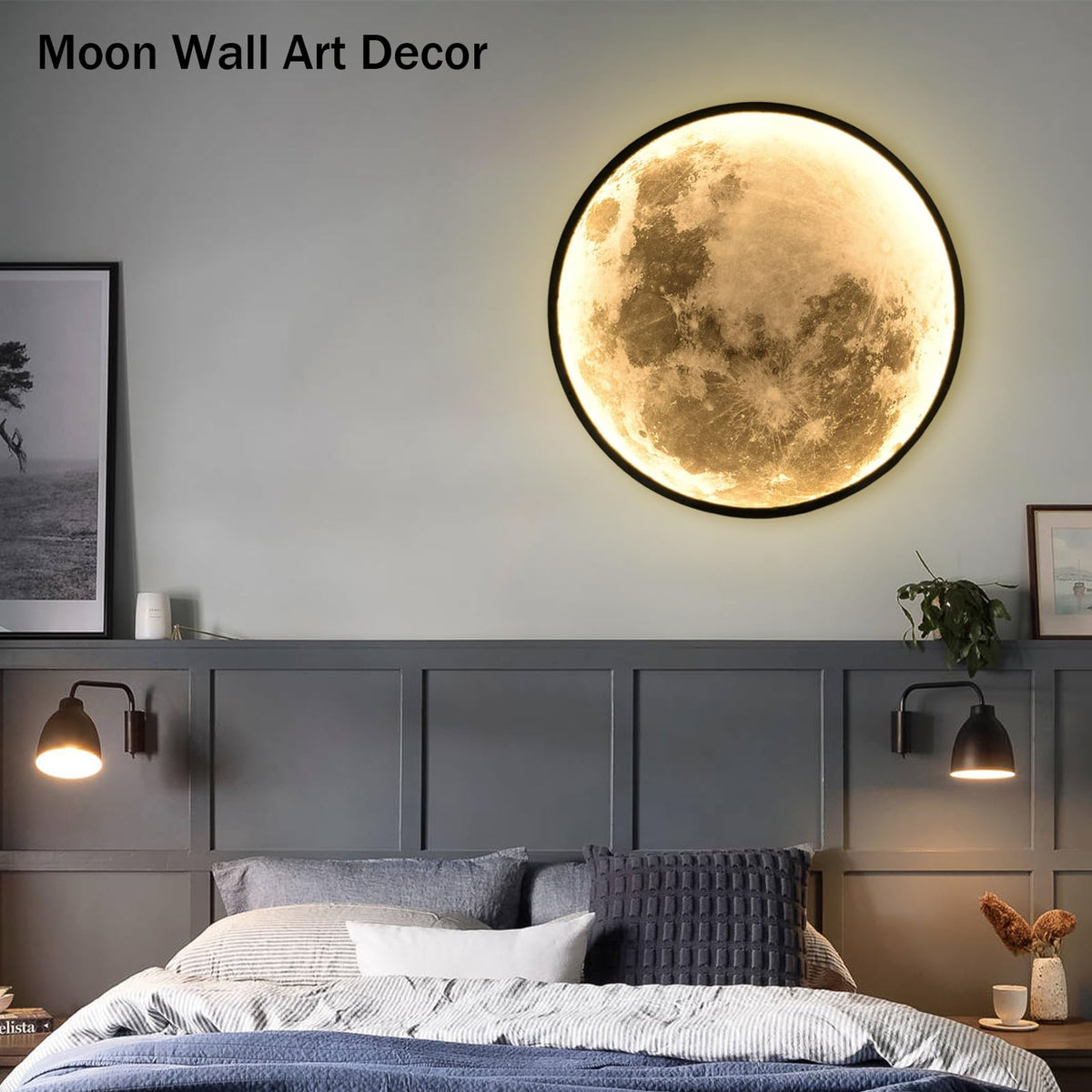 Clcmber Dimmable Moon Wall Light 31.5 Inch Indoor Plug in LED Wall Sconce with Remote Control Black Modern Wall Lamps for Bedroon Living Room Decor Lighted Wall Art