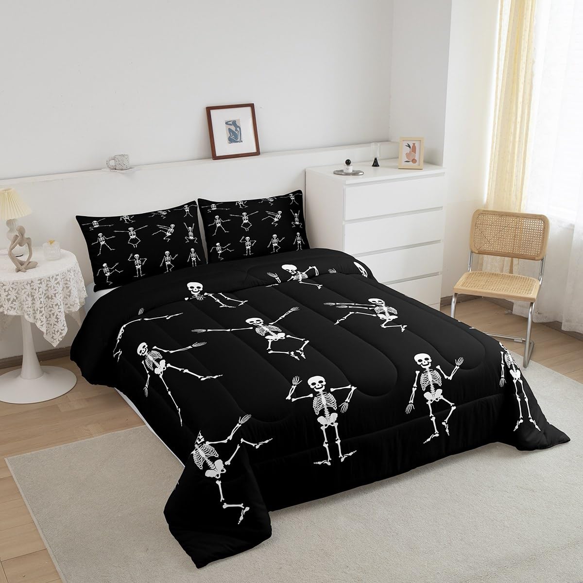 Erosebridal Sugar Skull Comforter Set Full Size Skeleton Bones Bedding Set for Kids Boys Girls Teens Adult Halloween Horror Theme Down Comforter Gothic Spooky Duvet Sets with 2 Pillow Cases