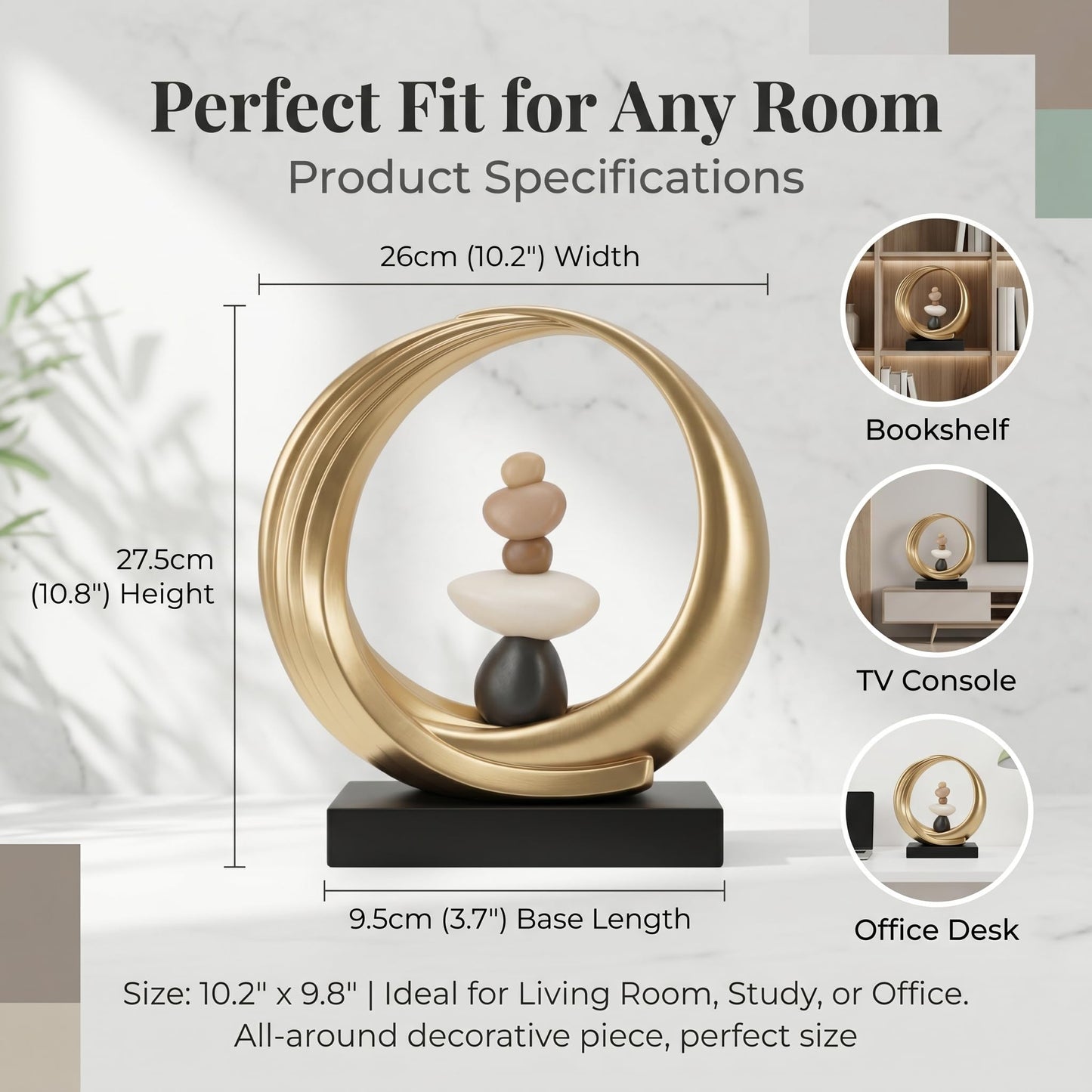 Abstract Zen Balance Sculpture, 10.4" H Modern Gold Spiral Faux Stone Stack Statue, Organic Resin Home Decor for Living Room, Bookshelf, Office, Minimalist Tabletop Art (Gold)
