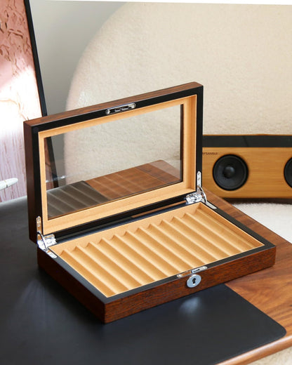 Besforu Wooden Pen Display Case – 12 Slot Lockable Fountain Pen Storage Box, Brown Collectors Display with Glass Top, Gift for Men
