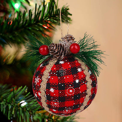 Iceyyyy 6PCS Christmas Plaid Ball Ornaments - 2 Inch Black & Red Buffalo Plaid Fabric Ball Ornaments with Pine Cones and Greenery, Plaid Christmas Tree Hanging Ball Ornaments Festive Decoration