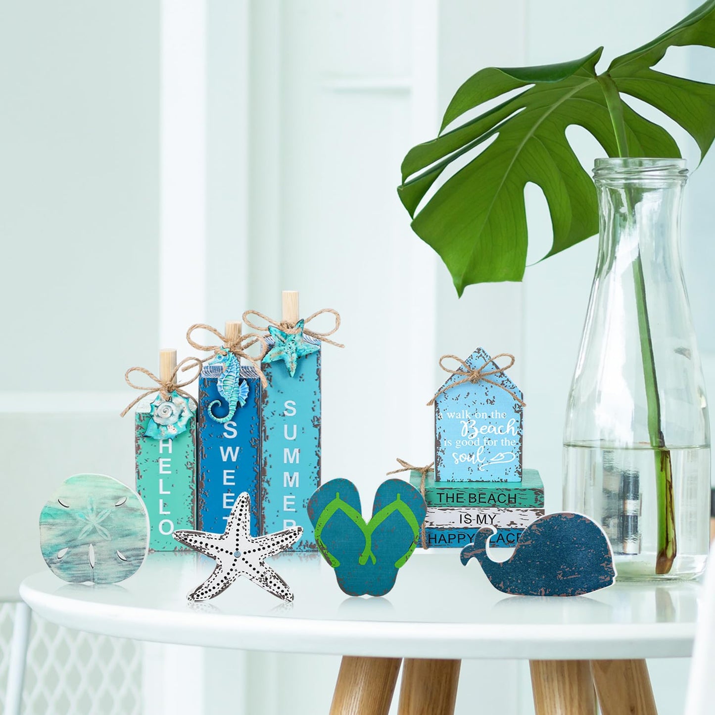 Vercraft 11 Pcs Summer Beach Table Decorations Ocean Tiered Tray Decor Summer Centerpiece Decorative Wood Books Table Top Decor Starfish Wooden Sign for Home Party Supplies (Ocean)