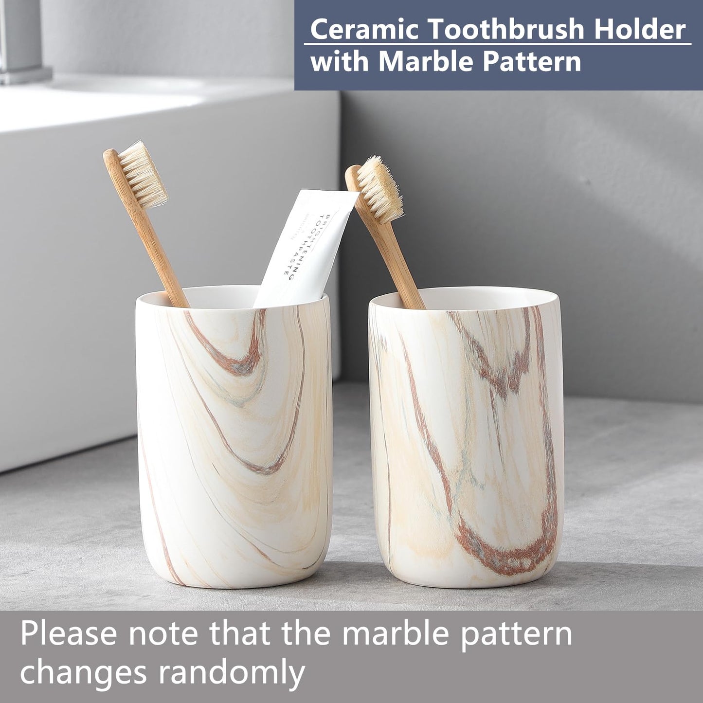 Brown Marble Toothbrush Holder - Ceramic Toothbrush Holder for Bathrooms, Toothbrush Toothpaste Holders, Marble Bathroom Tumbler Cups Reusable Toothbrush Mouthwash Cup, Bathroom Counter Organizer