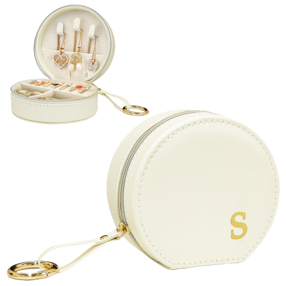 COLLECTIVE HOME Monogram Jewelry Box for Travel - 4.5 Inch Spacious Organizer with Zipper Closure, Gold Chain & Letter Engraving, Personalized Gift Case for Women/Bridesmaids (s)