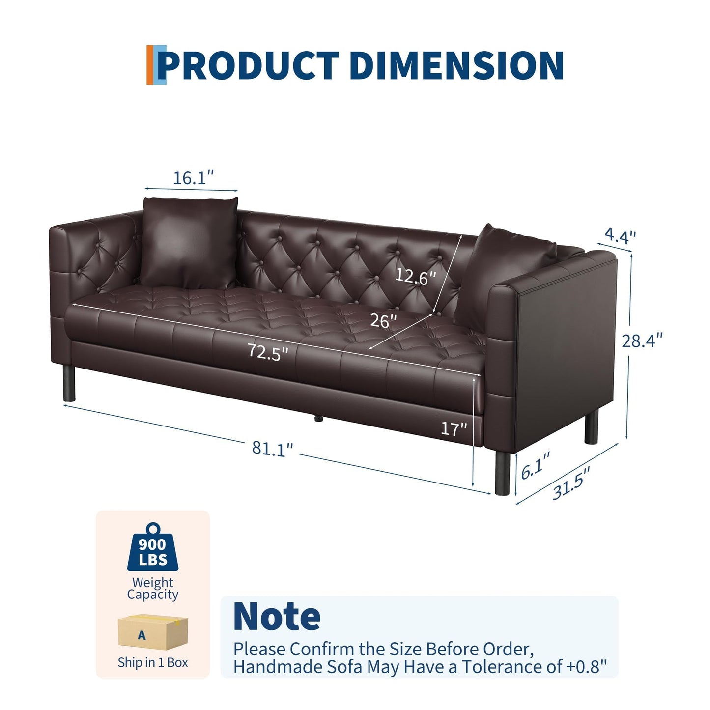 IDEALHOUSE Mid Century Modern Sofa 81 Inch – 3 Seater Faux Leather Couch with Tufted Back, Deep Seats and 2 Pillows, Apartment Sofa for Living Room, Dark Brown