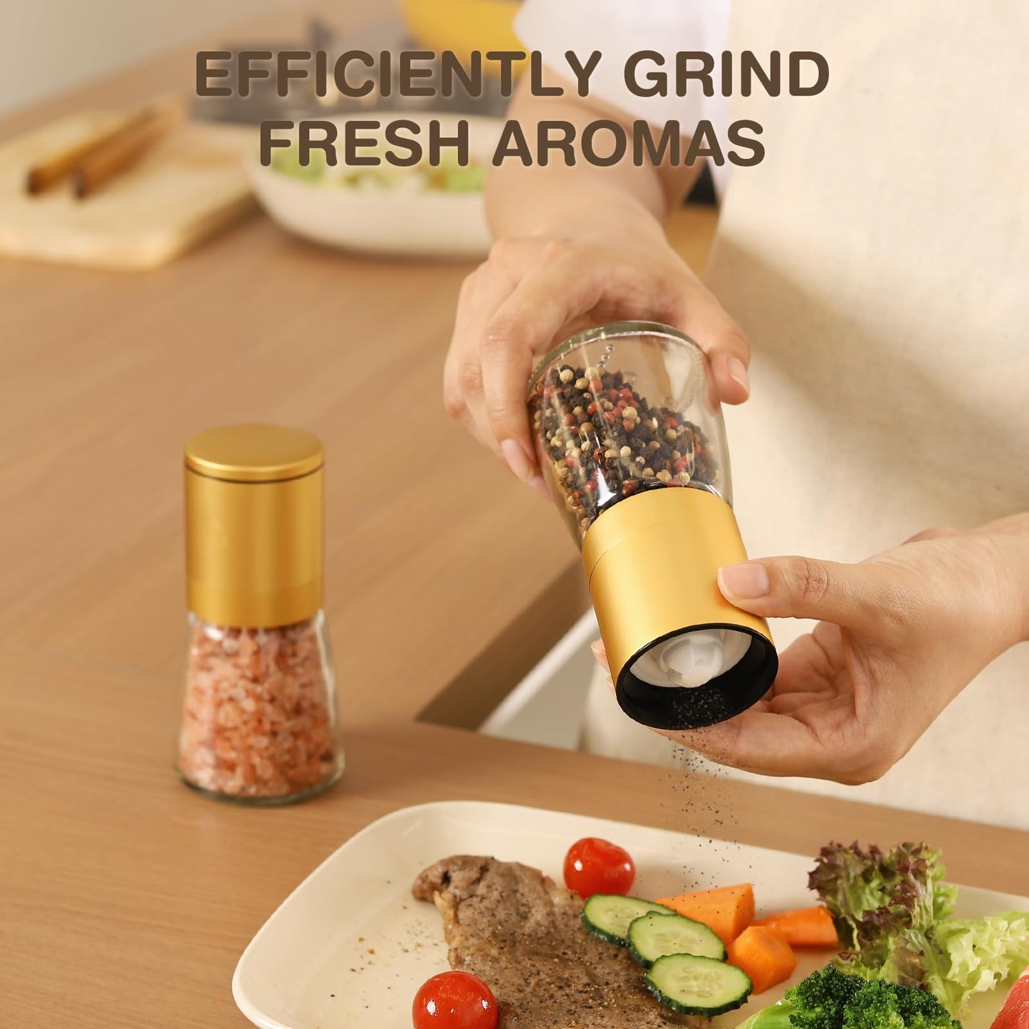 Vucchini Gold Salt and Pepper Grinder Mill - Adjustable Coarseness Ceramic Brass Spice Grinder Shaker - Refillable Glass Pepper Grinders for Home Golden Kitchen Accessories