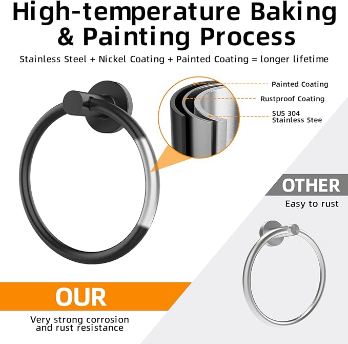 Matte Black Towel Ring 2Pack, SUS304 Stainless Steel Hand Towel Holder
