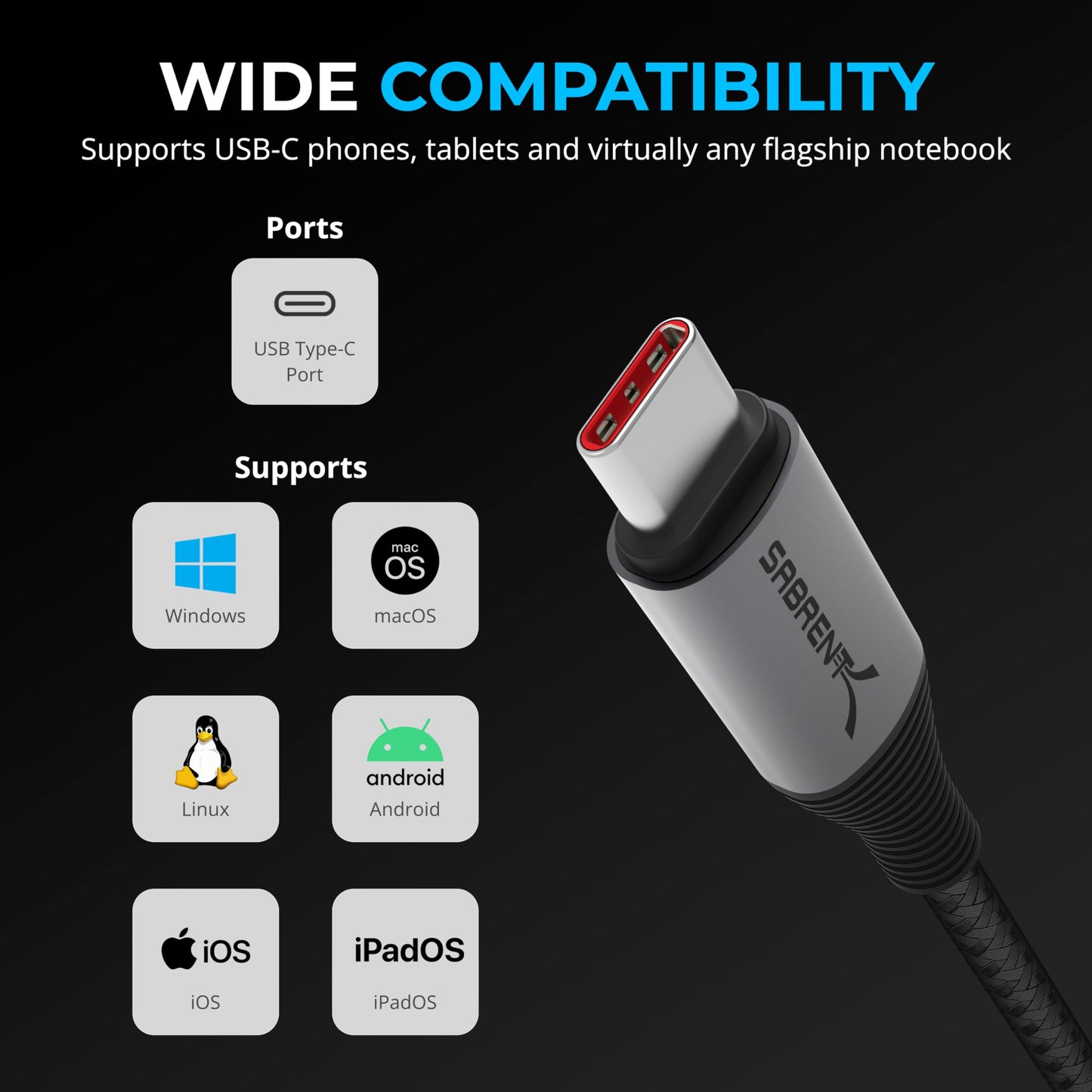 SABRENT USB C to USB C Charging Cable with Smart Display, 2M/6.6FT Long, E-Marker Chip, 100W Charging and 480Mbps Data Transfer Speeds, for Laptops, Smartphones, Tablets (CB-C2C2)