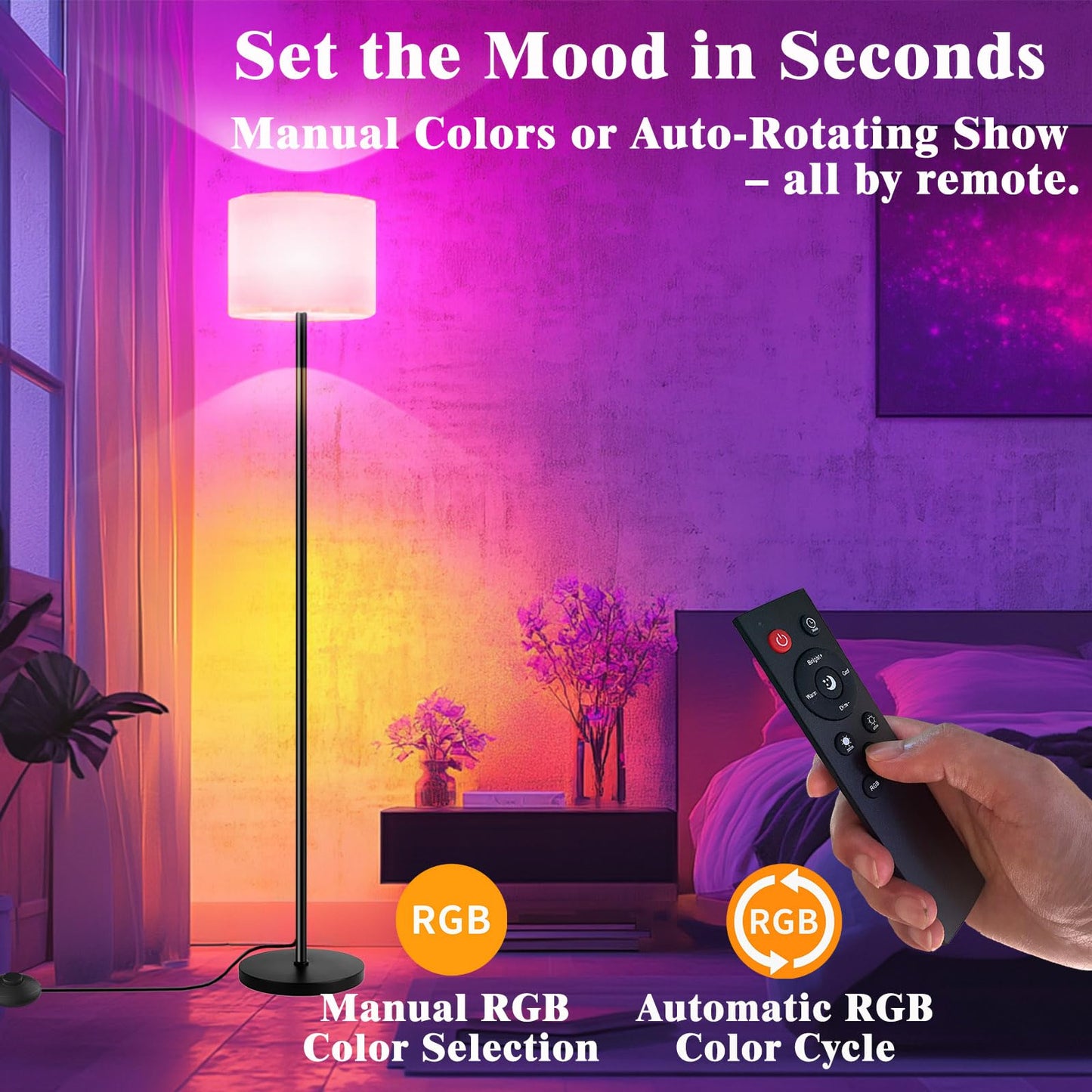 Fuvqeyes Smart Floor Lamp with APP & Remote Control - Dimmable RGB & White Light (3000K-6500K) for Living Room, Bedroom, Office - Modern Standing Lamp with 9W LED Bulb Included