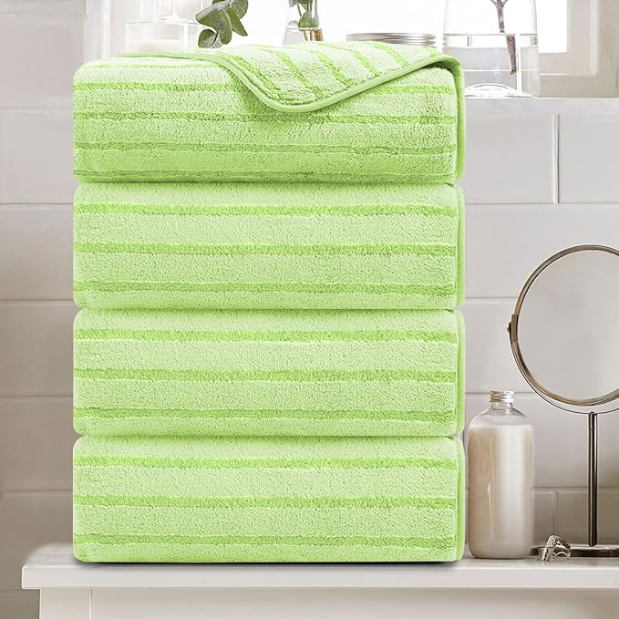 4 Pcs Grass Green Cabana Stripe Large Bath Towels 35"x70" Oversized Bath Sheet