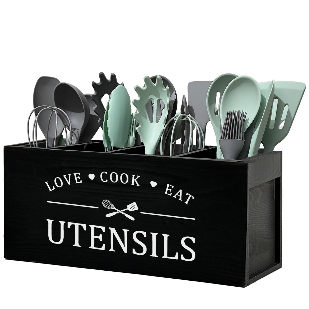 Extra Large Kitchen Utensils Holder with 4 Compartments, Wooden Storage Utensil Holder Organizer for Counter or Countertop, Farmhouse Decor, Rustic Cooking Utensil Kitchen Tool