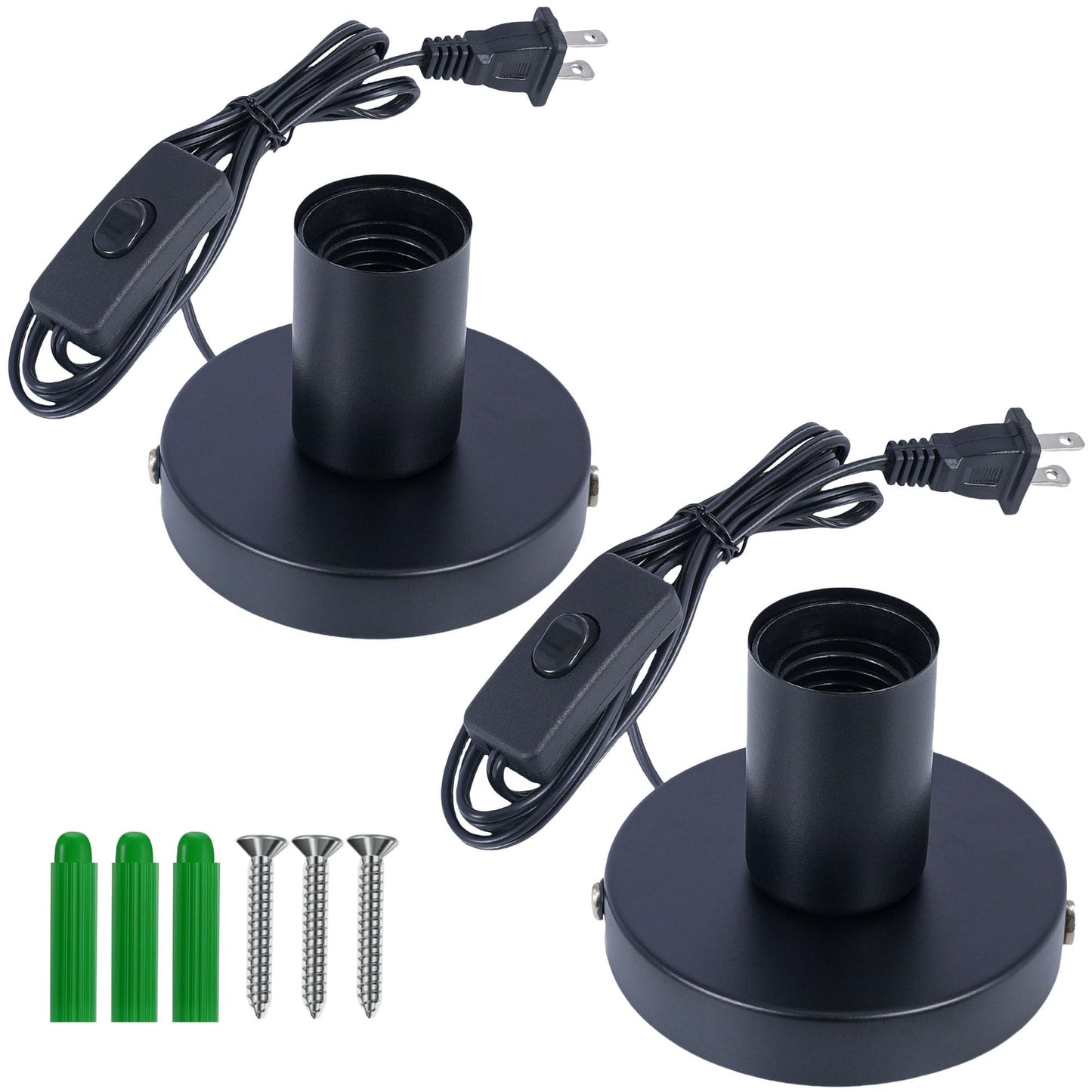 atiyoc Black Polished Metal Desktop Lamp Base, Small Industrial Table Lamp Base Only, Simple E26/E27 Screw Light Socket Edison Bulb Holder Base,5.7ft Cord On/Off Switch US Plug (2 Pack)