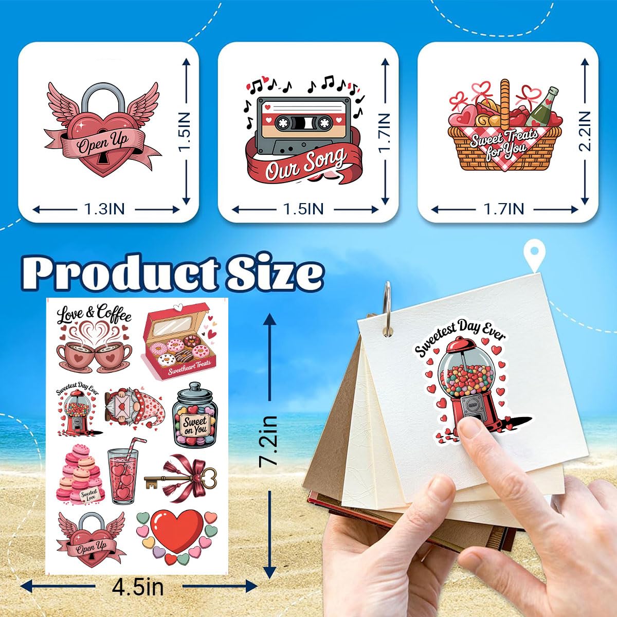 60Pcs Valentine's Day Sticker Pack – Cute Love-Themed Stickers with Hearts, Roses, Bears, Candy, Music, and Sweet Quotes – Perfect for Scrapbooking, Journaling, Gifts, and Valentine's Decorations