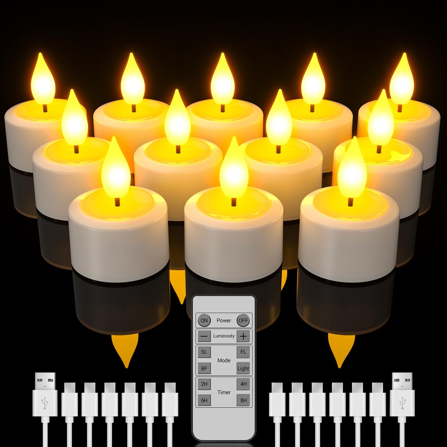 SoulBay Rechargeable Tea Lights, 12pcs Battery LED Flameless Tealight Candles with Remote Control Timer, Candle Light with USB Charging Cables for Home Room Table Halloween Christmas Decorations