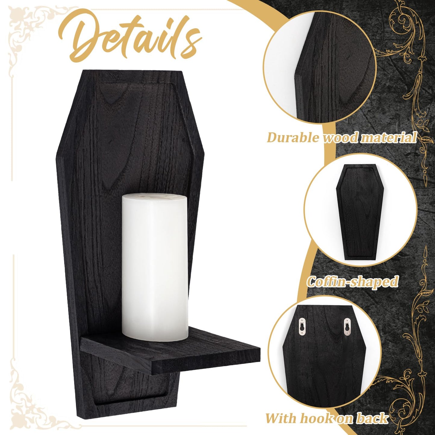 LemonRoad Set of 2 Gothic Wall Sconce Candle Holder Halloween Coffin Goth Decor Wall Mount Shelf Wooden Black Decorations for Bedroom Living Room Bathroom Home Dining Room Office Spooky Gifts