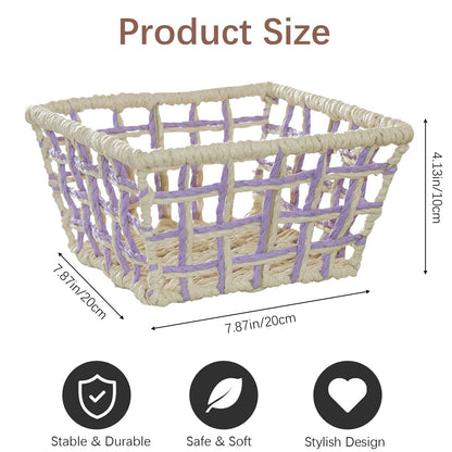 Woven Storage Basket, Rustic Farmhouse Decor, Multi-Purpose Organizer Bin, Countertop & Toilet Tank Basket for Home, Bedroom, Living Room, Entryway (Purple and Beige)