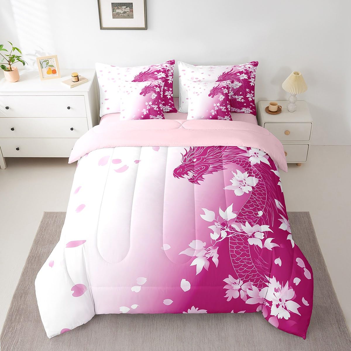 Erosebridal Pink Fantasy Dragon Bed in A Bag Pink White Gradient Princess Bedding Set for Kids Girls Teen Women,Magical Wildlife Animal Twin Comforter Set 7 Piece Dreamy Cherry Blossom Bed Set