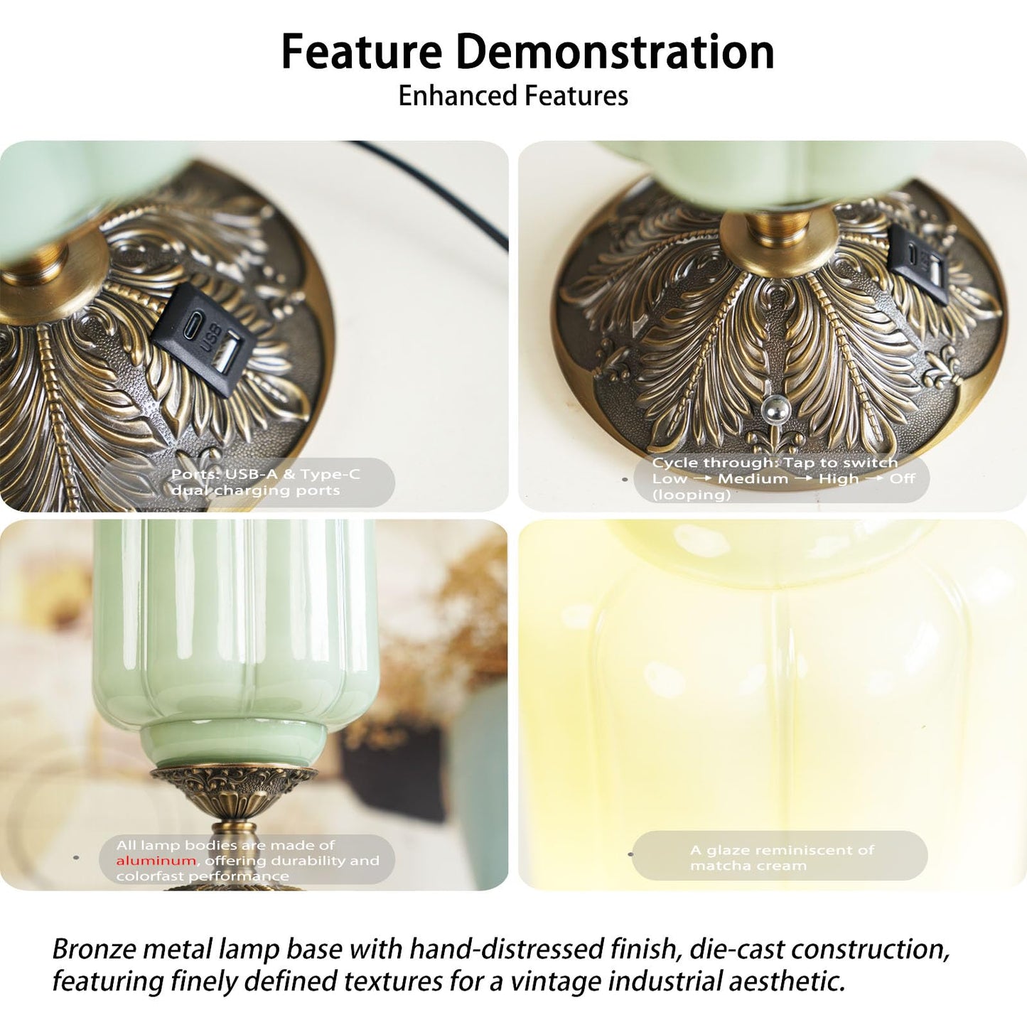 Milk Glass Touch Table Lamp, Elegant Green Jadeite Glass Bedside Desk Lamp 3 Way Dimmable with USB C+A Charging Ports - Bedroom Nightstand & Living Room Essential, 4W Bulb Included (Green, 6.5)