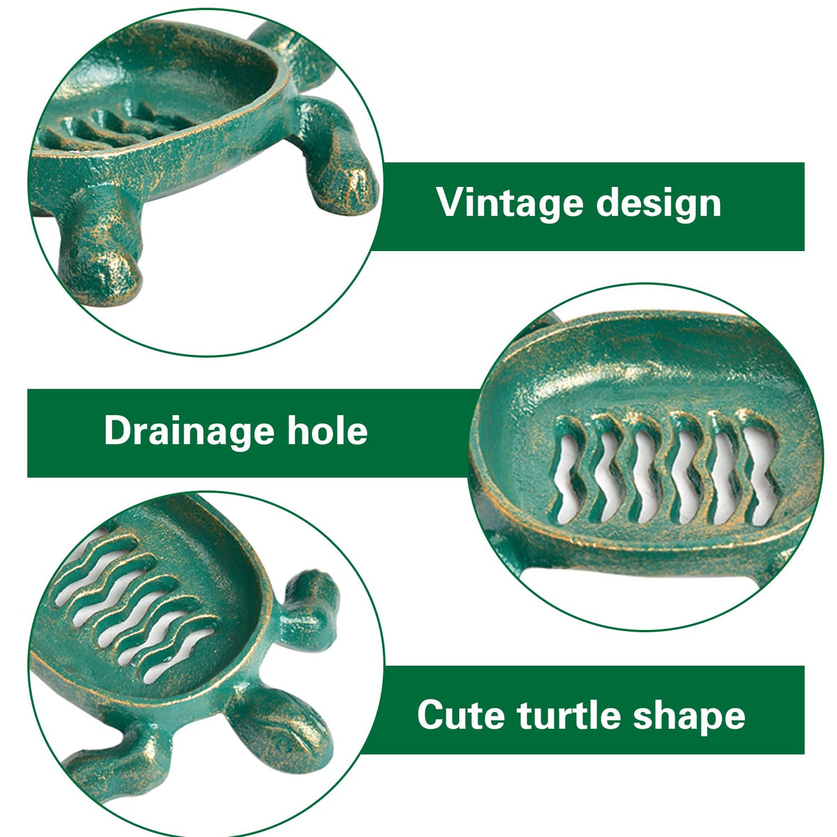 Sungmor Heavy Duty Cast Iron Drainable Soap Holder - Lovely Tortoise Shaped & Antique Green & Gold Finish - Kitchen Bathroom Sink Soap Dish Tray - Practical & Decorative Tabletop Soap Box Container