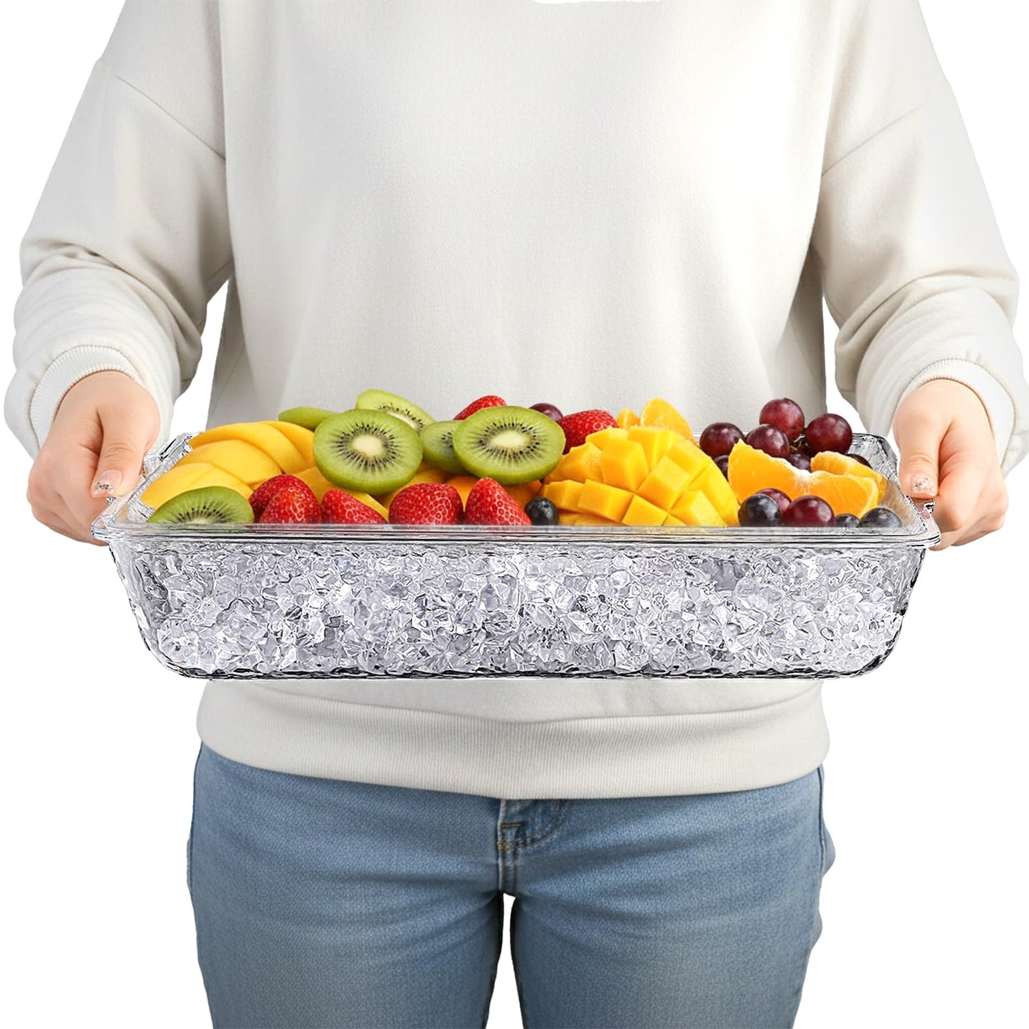 ZENFUN 2 Pack Ice Chilled Serving Tray, Plastic Chilled Party Platter for Fruit, Veggie Trays Large Removable Serving Tray for Cold Dish, Ideal for Appetizers, Seafood, Desserts, Charcuterie Board