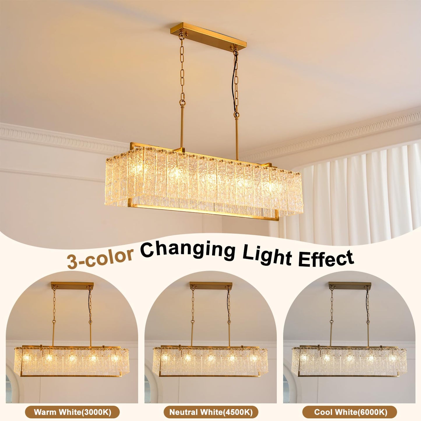 HSMKL Modern Rectangular Crystal Chandelier for Dining Room Gold Rectangle Water Ripple Glass Pendant Ceiling Light 5-Lights Hanging Light Fixture for Living Room Kitchen Island L39" x W11.8" x H11"